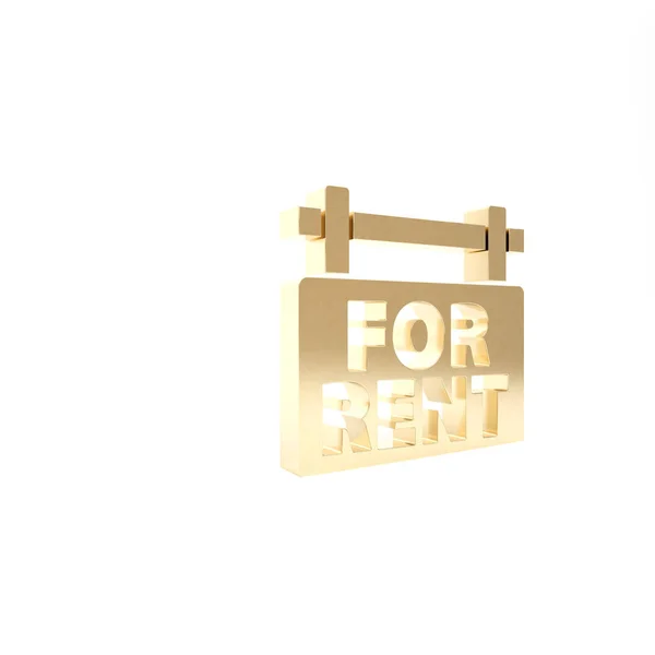 Gold Hanging sign with text For Rent icon isolated on white background. 문자 메시지와 렌트를 위한 서명. 3d 삽화 3D 렌더링 — 스톡 사진