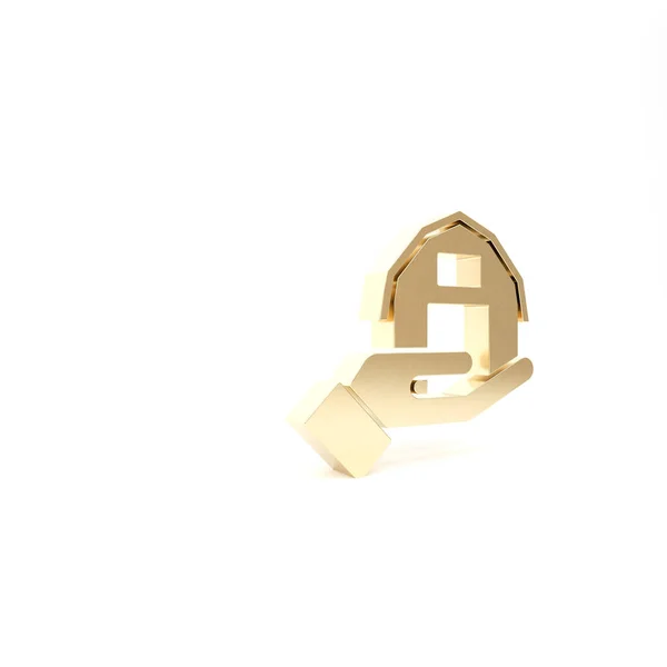 Casa de campo de oro en la mano icono aislado sobre fondo blanco. 3D ilustración 3D render —  Fotos de Stock