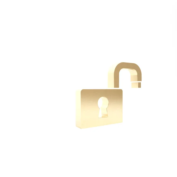 Oro Aperto lucchetto icona isolata su sfondo bianco. Segno di chiusura aperto. Concetto di sicurezza informatica. Protezione dei dati digitali. Illustrazione 3d rendering 3D — Foto Stock