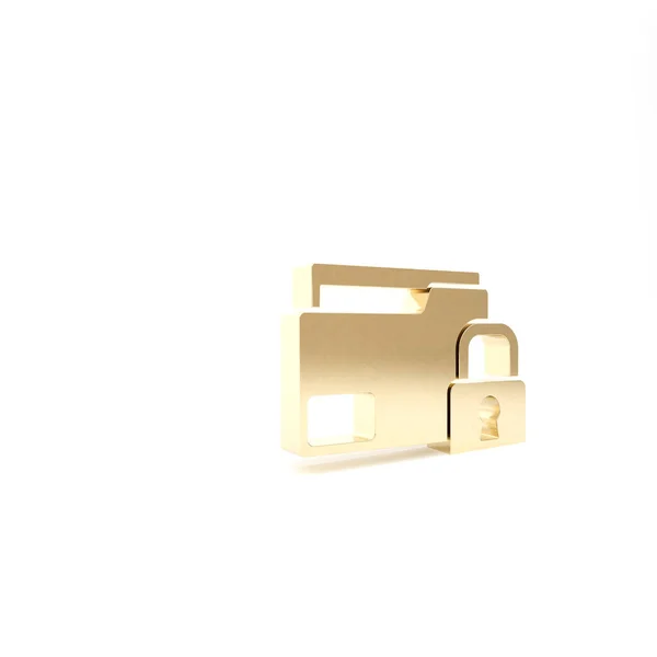 Gold Folder και κλειδαριά εικονίδιο απομονώνονται σε λευκό φόντο. Κλειστός φάκελος και λουκέτο. Ασφάλεια, ασφάλεια, έννοια προστασίας. 3d απεικόνιση 3D καθιστούν — Φωτογραφία Αρχείου