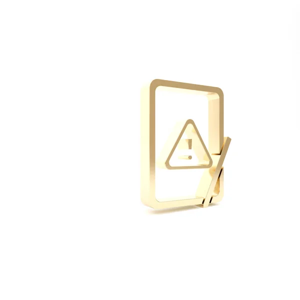 Tableta gráfica dorada con icono de signo de exclamación aislado sobre fondo blanco. Mensaje de alerta notificación del teléfono inteligente. 3D ilustración 3D render — Foto de Stock