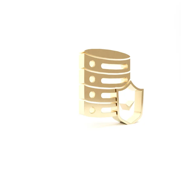 Servidor Gold com ícone de escudo isolado no fundo branco. Protecção contra ataques. firewall de rede, roteador, interruptor, dados. 3D ilustração 3D render — Fotografia de Stock