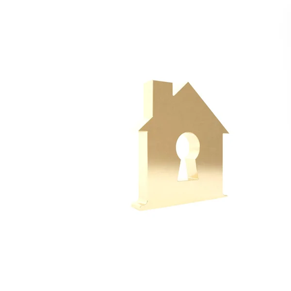 Gold House sotto icona di protezione isolata su sfondo bianco. Casa e scudo. Protezione, sicurezza, sicurezza, protezione, concetto di difesa. Illustrazione 3d rendering 3D — Foto Stock