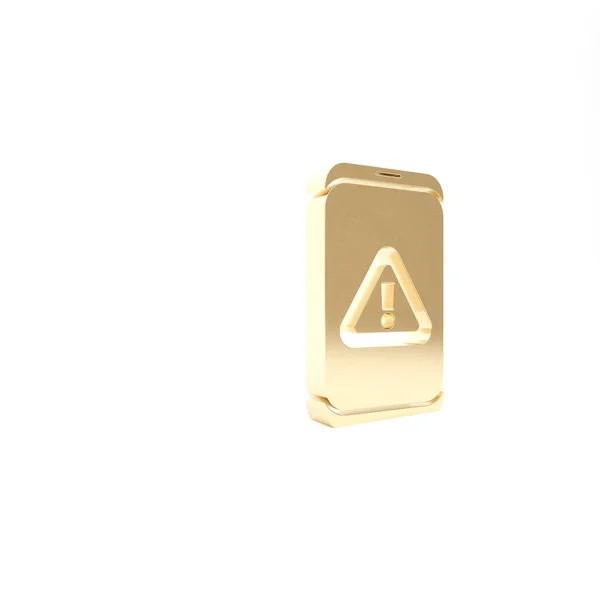 Gold Mobile phone with exclamation mark icon isolated on white background. Alert message smartphone notification. 3d illustration 3D render — Stock Photo, Image