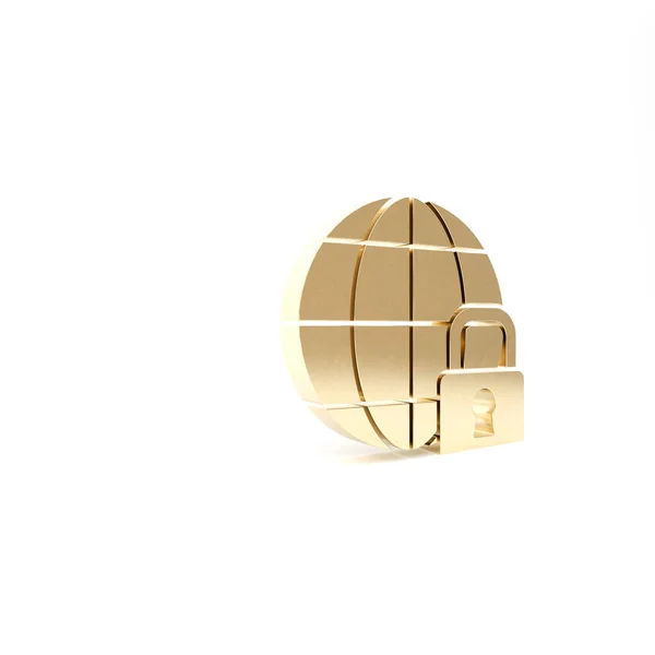 Gold Global uzamčení - uzamčený globus ikona izolované na bílém pozadí. 3D ilustrace 3D vykreslení — Stock fotografie