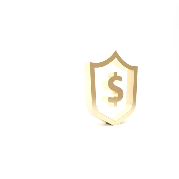 白い背景に隔離されたドル記号のアイコンとゴールドシールド。シールドの保護。お金の安全保障の概念。3Dイラスト3Dレンダリング — ストック写真