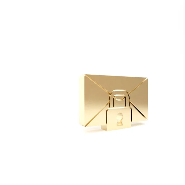 Gold Mail Nachrichtensperre Passwort-Symbol isoliert auf weißem Hintergrund. Umschlag mit Vorhängeschloss. Privat, Sicherheit, Sicherheit, Schutz, Privatsphäre. 3D Illustration 3D Renderer — Stockfoto