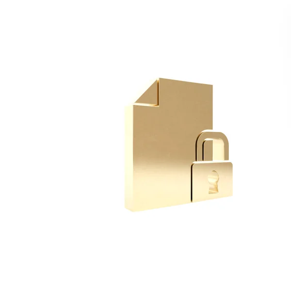 Золотой Докумен и иконка замка изолированы на белом фоне. Формат файла и навесной замок. Безопасность, безопасность, концепция защиты. 3D-рендеринг — стоковое фото