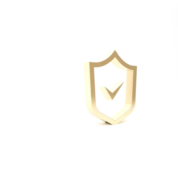 Gold Shield met vinkje pictogram geïsoleerd op witte achtergrond. Beveiliging, veiligheid, bescherming, privacy concept. Markering goedgekeurd. 3d illustratie 3D renderen — Stockfoto