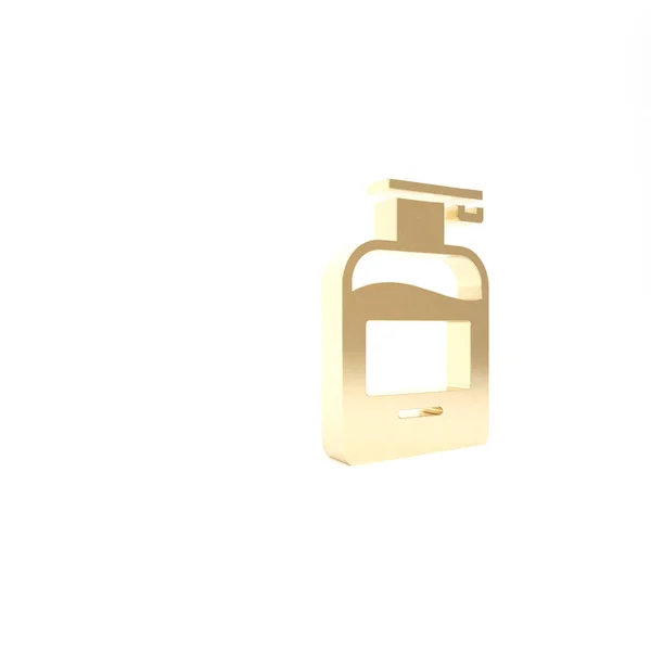 Bouteille d'or de savon liquide antibactérien avec icône distributeur isolé sur fond blanc. Antiseptique. Désinfection, hygiène, soin de la peau. Illustration 3D rendu 3D — Photo