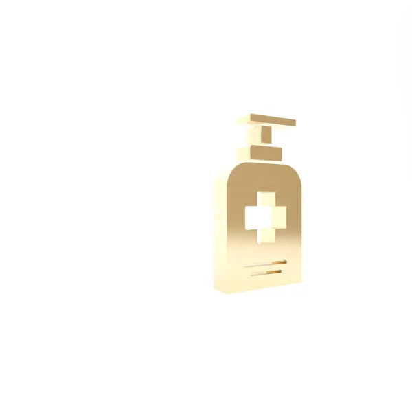 Gold Bottle of liquid antibacterial soap with dispenser icon isolated on white background. Antiseptic. Disinfection, hygiene, skin care. 3d illustration 3D render — Stock Photo, Image