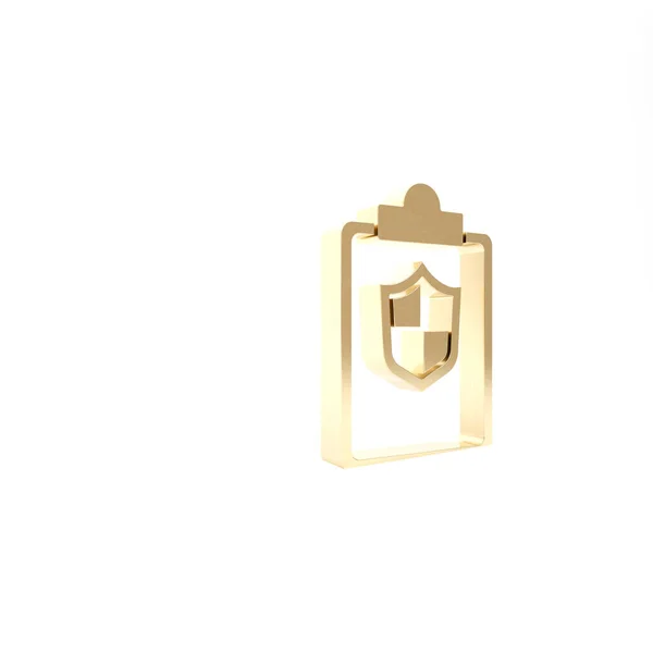 Gold-Dokument mit Schild-Symbol isoliert auf weißem Hintergrund. Versicherungskonzept. Sicherheit, Sicherheit, Schutz, Schutzkonzept. 3D Illustration 3D Renderer — Stockfoto