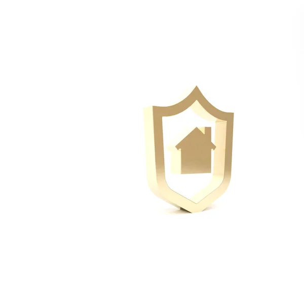 Gold House met schild pictogram geïsoleerd op witte achtergrond. Verzekeringsconcept. Beveiliging, veiligheid, bescherming, bescherming concept. 3d illustratie 3D renderen — Stockfoto