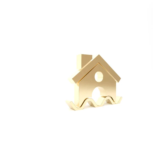 Gold House árvíz ikon elszigetelt fehér háttérrel. Elöntötte a víz az otthont. Biztosítási koncepció. Biztonság, biztonság, védelem, védelem. 3d illusztráció 3D render — Stock Fotó