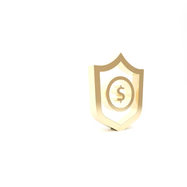 Zlatý štít s ikonou dolarového symbolu izolované na bílém pozadí. Ochranný štít. Koncept zabezpečení peněz. 3D ilustrace 3D vykreslení — Stock fotografie