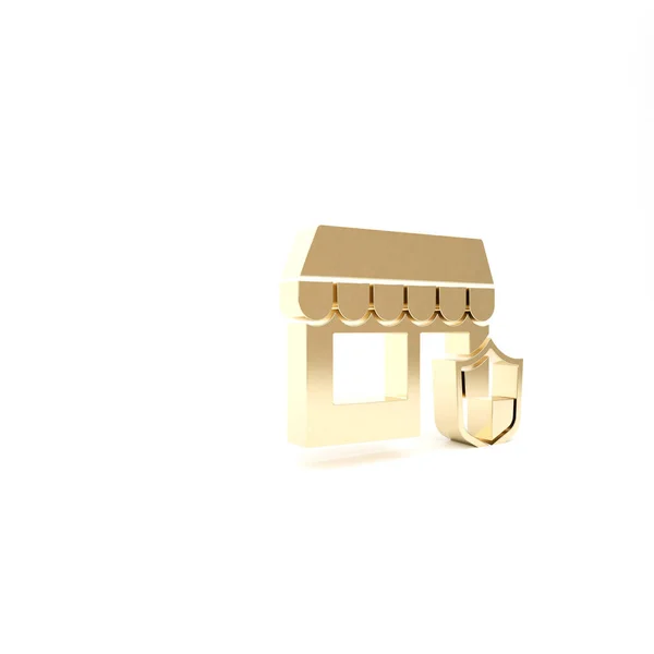 Edificio Gold Shopping con icono de escudo aislado sobre fondo blanco. Concepto de seguro. Seguridad, seguridad, protección, concepto de protección. 3D ilustración 3D render —  Fotos de Stock
