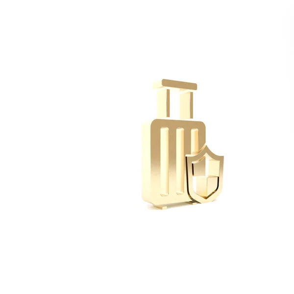 Arany utazási bőrönd pajzs ikon elszigetelt fehér háttér. Utasbiztosítás. Biztonság, biztonság, védelem, védelem. 3d illusztráció 3D render — Stock Fotó