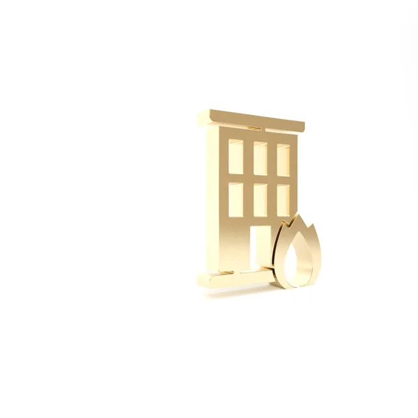 Goud Vuur in brandend huis pictogram geïsoleerd op witte achtergrond. Verzekeringsconcept. Beveiliging, veiligheid, bescherming, bescherming concept. 3d illustratie 3D renderen — Stockfoto