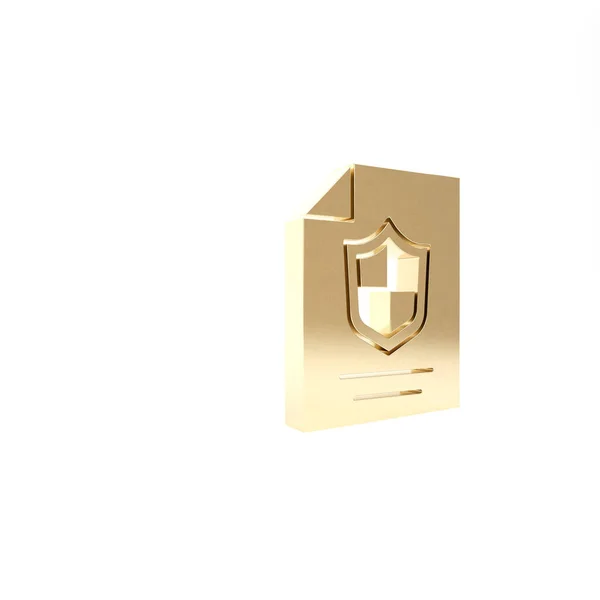 Goldvertrag mit Schildsymbol isoliert auf weißem Hintergrund. Versicherungskonzept. Sicherheit, Sicherheit, Schutz, Schutzkonzept. 3D Illustration 3D Renderer — Stockfoto