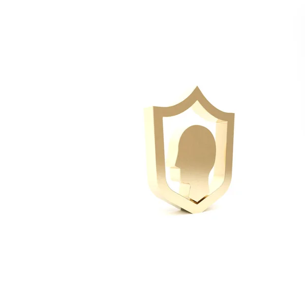 Gold-Lebensversicherung mit Schildsymbol auf weißem Hintergrund. Sicherheit, Sicherheit, Schutz, Schutzkonzept. 3D Illustration 3D Renderer — Stockfoto