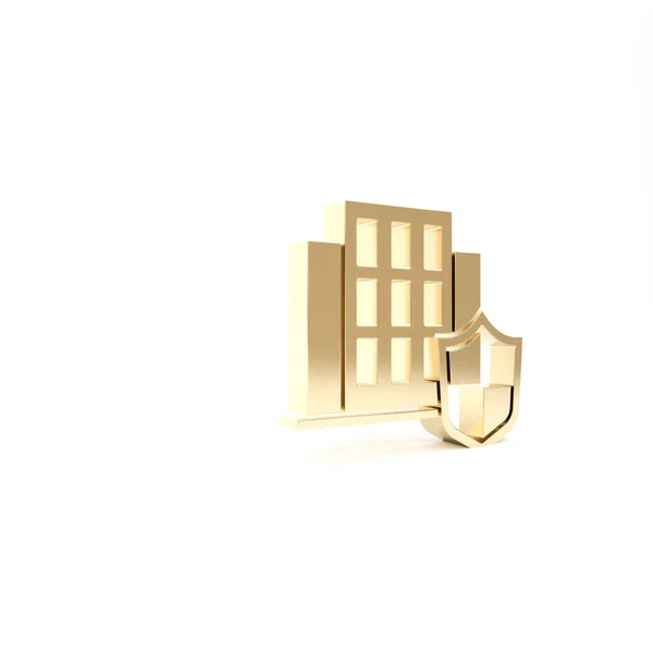 Gold House s ikonou štítu izolované na bílém pozadí. Pojištění. Zabezpečení, bezpečnost, ochrana, koncepce ochrany. 3D ilustrace 3D vykreslení — Stock fotografie