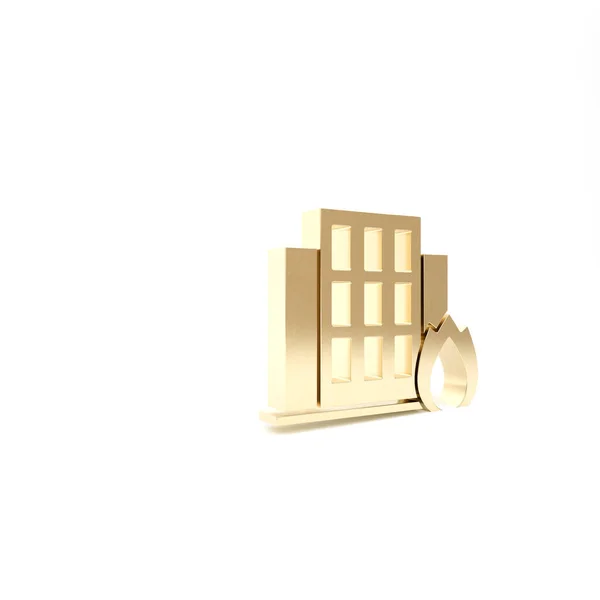 Fuego de oro en la quema icono de la casa aislado sobre fondo blanco. Concepto de seguro. Seguridad, seguridad, protección, concepto de protección. 3D ilustración 3D render — Foto de Stock