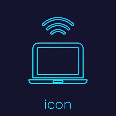 Turkuaz hat kablosuz dizüstü bilgisayar simgesi mavi arkaplanda izole edildi. İnternet kavramının kablosuz bağlantısı. Vektör