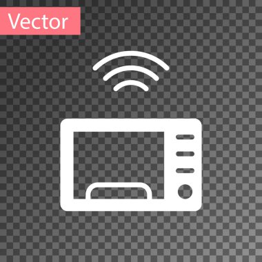 Beyaz Akıllı mikrodalga fırın sistemi simgesi şeffaf arkaplanda izole edildi. Ev aletleri simgesi. İnternet kavramının kablosuz bağlantısı. Vektör