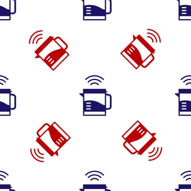 Mavi ve kırmızı Akıllı elektrikli su ısıtıcısı ikonu beyaz zeminde izole edilmiş pürüzsüz desen. Çaydanlık ikonu. İnternet kavramının kablosuz bağlantısı. Vektör