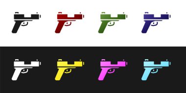 Siyah beyaz arkaplanda Tabanca veya silah simgesini ayır. Polis ya da askeri silah. Küçük ateşli silah. Vektör