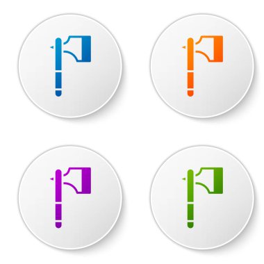 Beyaz arkaplanda izole edilmiş renkli tahta balta simgesi. Oduncu baltası. Simgeleri daire düğmelerine ayır. Vektör