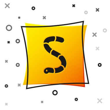 Beyaz arkaplanda siyah solucan simgesi izole edildi. Balık oltası. Sarı kare düğme. Vektör