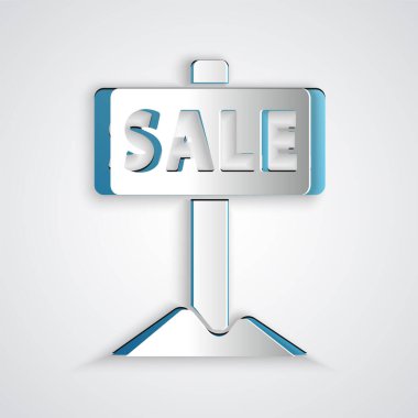 Kağıt kesiği. Gri arkaplanda izole edilmiş metin satışı simgesi. Mesaj indirimli tabela. Kağıt sanatı tarzı. Vektör