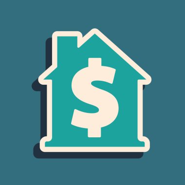 Yeşil arka planda dolar sembolü olan bir sera. Ev ve para. Emlak konsepti. Uzun gölge tarzı. Vektör