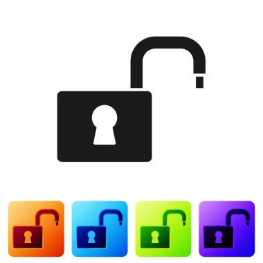 Siyah Açık asma kilit simgesi beyaz arkaplanda izole edildi. Kilit açık işareti. Siber güvenlik kavramı. Dijital veri koruması. Renkli kare düğmelerle simgeleri ayarla. Vektör