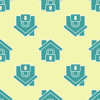 Yeşil Ev koruma ikonu altında sarı arka planda izole edilmiş pürüzsüz desen. Eve git ve kilitle. Koruma, güvenlik, güvenlik, koruma, savunma konsepti. Vektör