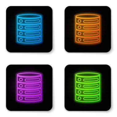 Parlayan neon sunucusu, Data, Web sunucu simgesi beyaz arkaplanda izole edildi. Siyah kare düğme. Vektör