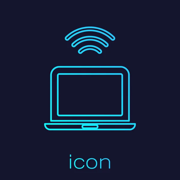 Ligne turquoise Icône d'ordinateur portable sans fil isolé sur fond bleu. Concept d'Internet des objets avec connexion sans fil. Vecteur — Image vectorielle