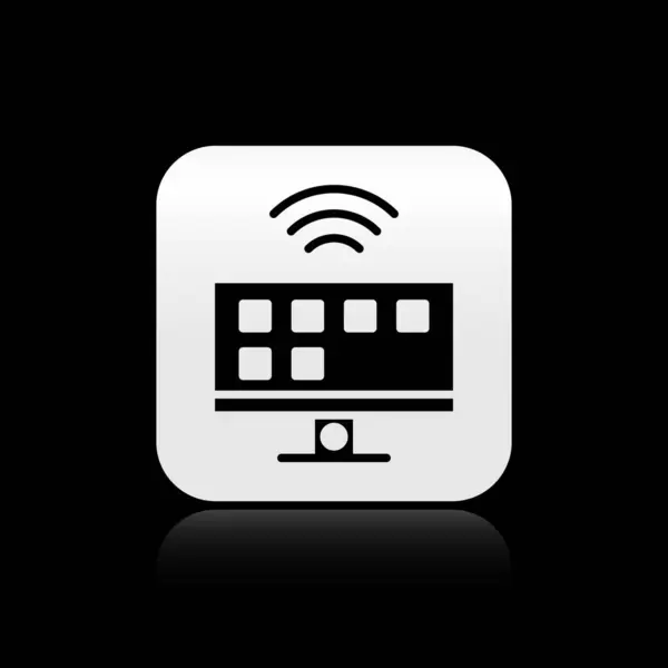 Black Smart Tv systeempictogram geïsoleerd op zwarte achtergrond. Televisieteken. Internet of things concept met draadloze verbinding. Zilveren vierkante knop. Vector — Stockvector