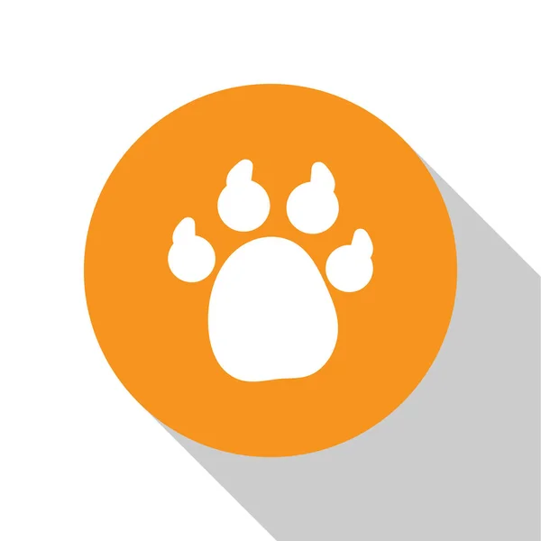 White Paw print icon isolated on white background. Dog or cat paw print. Animal track. Orange circle button. Vector