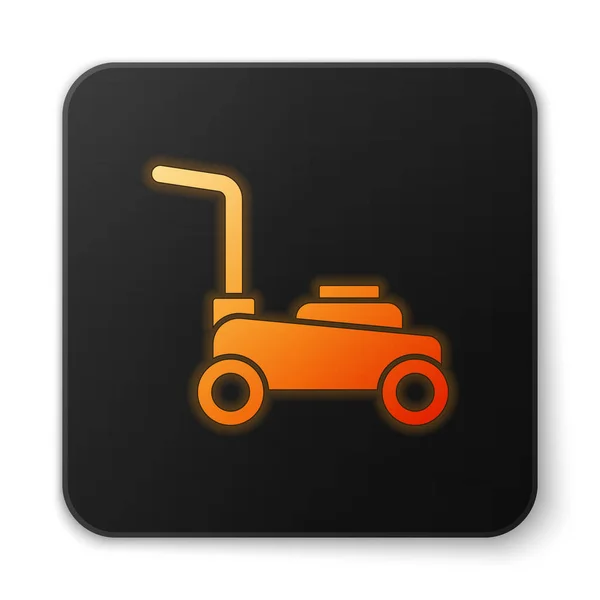Orange glowing neon Lawn mower icon isolated on white background. Lawn mower cutting grass. Black square button. Vector — Stock Vector