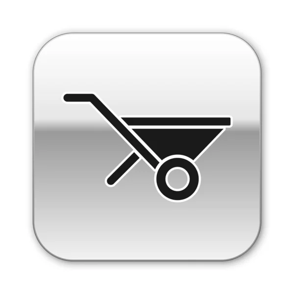 Black Wheelbarrow icon isolated on white background. Tool equipment. Agriculture cart wheel farm. Silver square button. Vector — Stock Vector