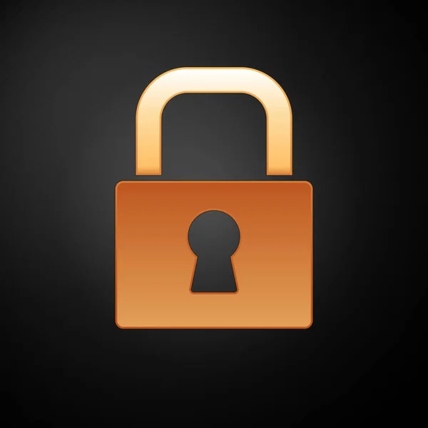 Arany zár ikon elszigetelt fekete háttérrel. Lakat jel. Biztonság, biztonság, védelem, adatvédelem. Vektor — Stock Vector