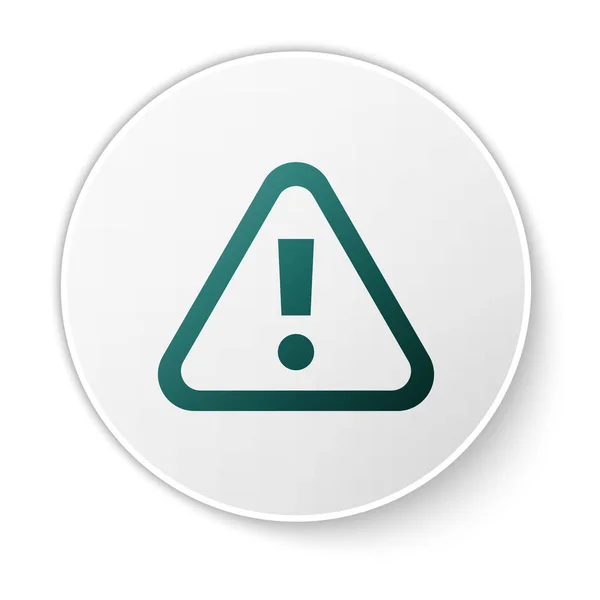 삼각형 아이콘에 녹색 느낌표가 흰색 배경에 분리되어 있습니다. 위험 경고 표지판, 주의, 주의 위험 경고 표지판. 흰 동그라미 단추. Vector — 스톡 벡터