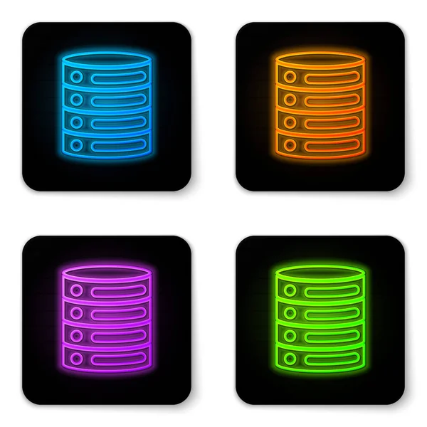Leuchtende Neon-Server, Daten, Web-Hosting-Symbol isoliert auf weißem Hintergrund. Schwarzer quadratischer Knopf. Vektor — Stockvektor