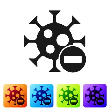 Siyah negatif virüs simgesi beyaz arkaplanda izole edildi. Corona virüsü 2019-nCoV. Bakteri ve mikroplar, hücre kanseri, mikrop, mantar. Renkli kare düğmelerle simgeleri ayarla. Vektör.