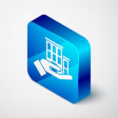 Isometric House sigorta ikonu gri arka planda izole edilmiş. Güvenlik, güvenlik, koruma, konsept koruma. Mavi kare düğme. Vektör.