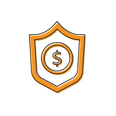 Beyaz zemin üzerinde dolar sembolü olan turuncu kalkan. Güvenlik kalkanı koruması. Para güvenliği konsepti. Vektör.