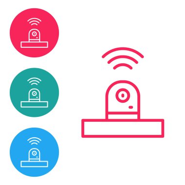 Kırmızı çizgi Akıllı güvenlik kamerası simgesi beyaz arkaplanda izole edildi. İnternet kavramının kablosuz bağlantısı. Simgeleri daire düğmelerine ayır. Vektör