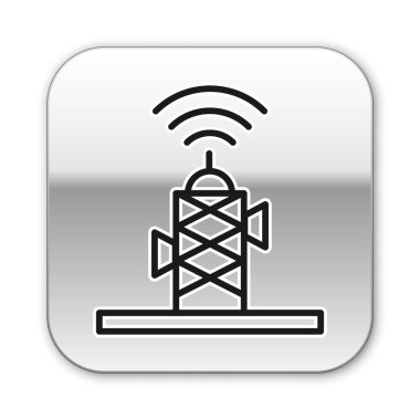 Beyaz arkaplanda siyah çizgi kablosuz anten simgesi izole edildi. Teknoloji ve ağ sinyali radyo anteni. Gümüş kare düğme. Vektör